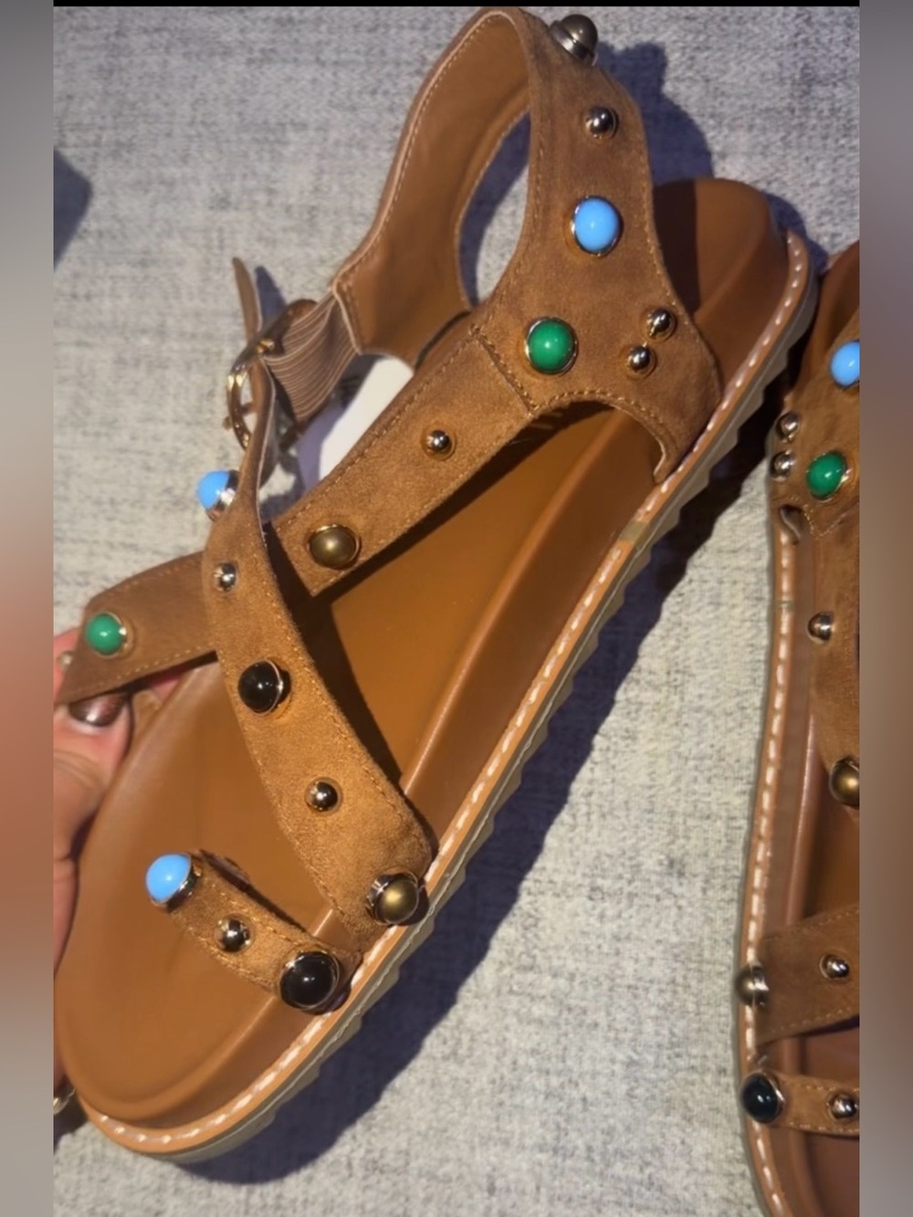 JASON WU Tan Suede Crossover Sandals with Multicolor Studs - Picture 7 of 11